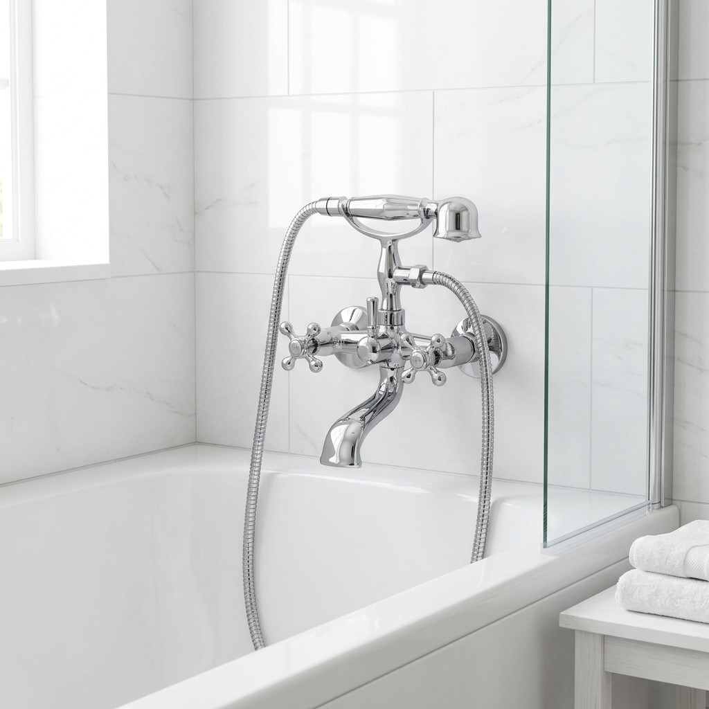 Aquanello Heritage Ascot Classic Surface-Mount Bath Faucet with Star Knobs Chrome including Hand Shower CR-3002-HA